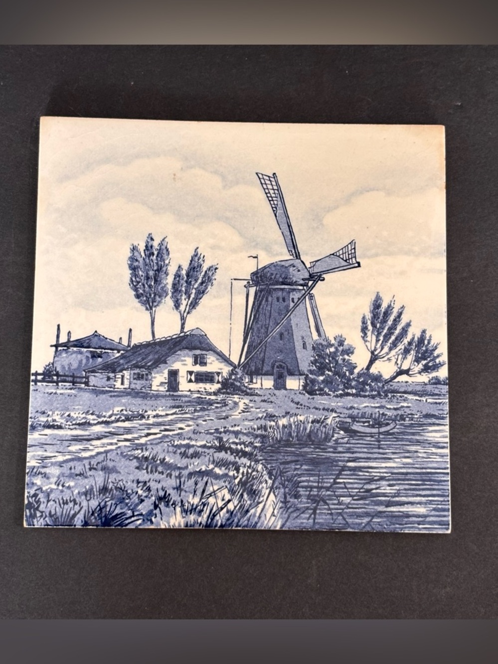 Vtg Royal Delft Blue Hand Painted Tile From Holland 6x6” Windmill 6x6
